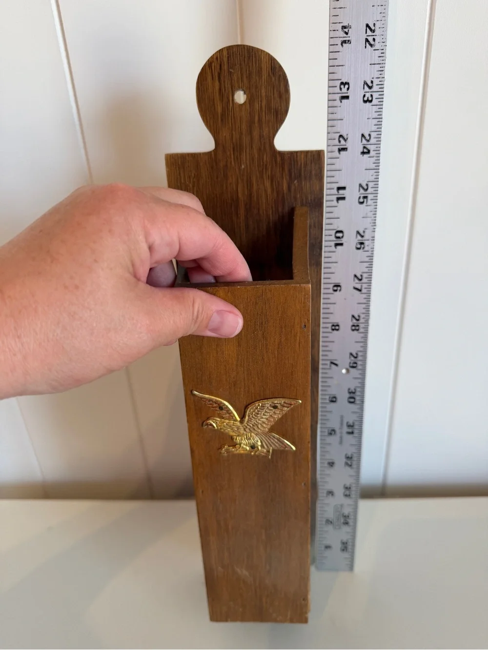 Vintage Wooden Wall-Mounted Match Holder with Brass American Eagle